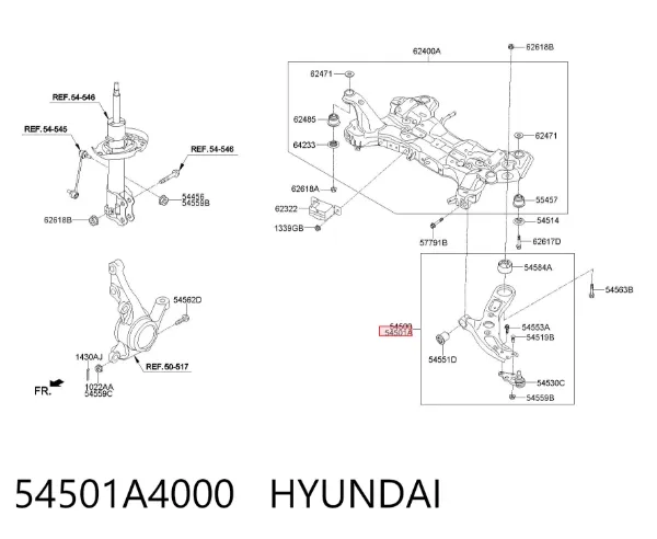 Важіль передньої підвіски нижній, правий 54501A4000 Hyundai/Kia