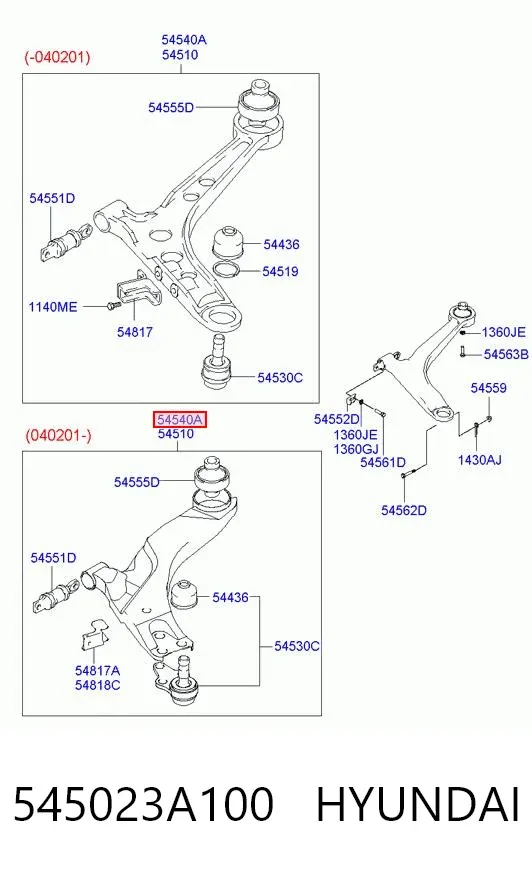 Важіль передньої підвіски нижній, правий 545023A100 Hyundai/Kia