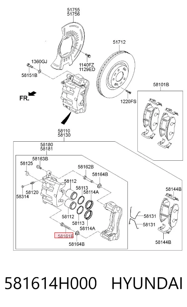 Направляюча супорту переднього, верхня 581614H000 Hyundai/Kia
