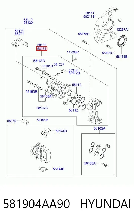 Супорт задній правий 581904AA90 Hyundai/Kia