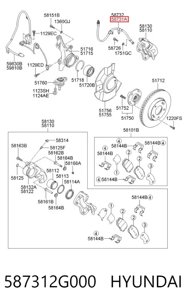 Шланг гальмівний передній, лівий 587312G000 Hyundai/Kia