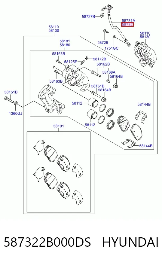 Шланг гальмівний передній, правий 587322B000DS Hyundai/Kia