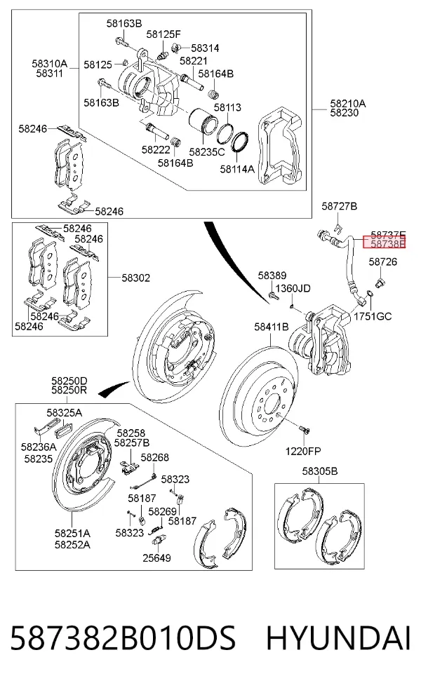 Шланг гальмівний задній, правий 587382B010DS Hyundai/Kia