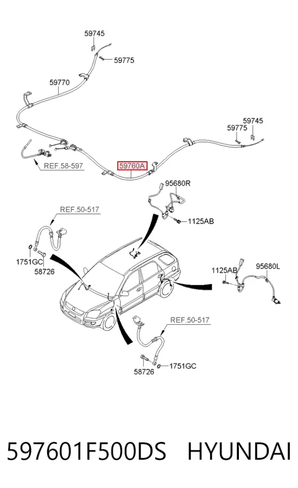 Трос ручного гальма задній, лівий 597601F500DS Hyundai/Kia