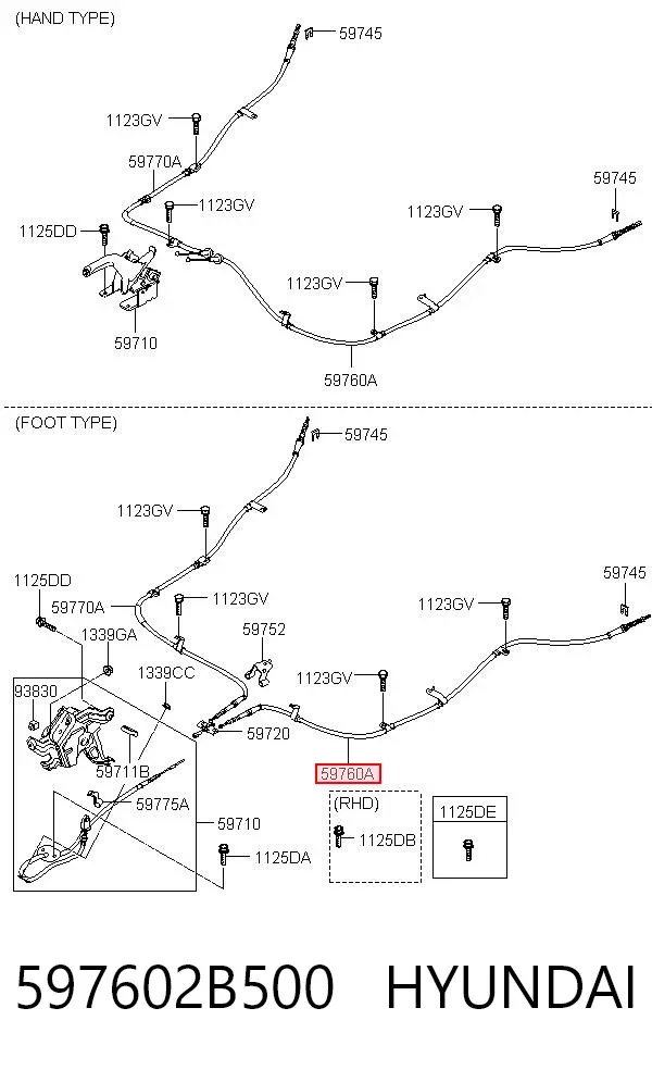 Трос ручного гальма задній, лівий 597602B500 Hyundai/Kia