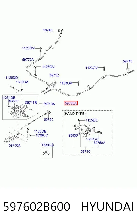 Трос ручного гальма задній, лівий 597602B600 Hyundai/Kia