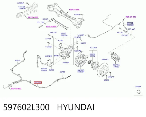 Трос ручного гальма задній, лівий 597602L300 Hyundai/Kia