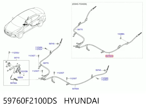 Трос ручного гальма задній, лівий 59760F2100DS Hyundai/Kia