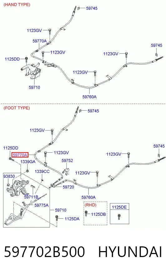 Трос ручного гальма задній, правий 597702B500 Hyundai/Kia