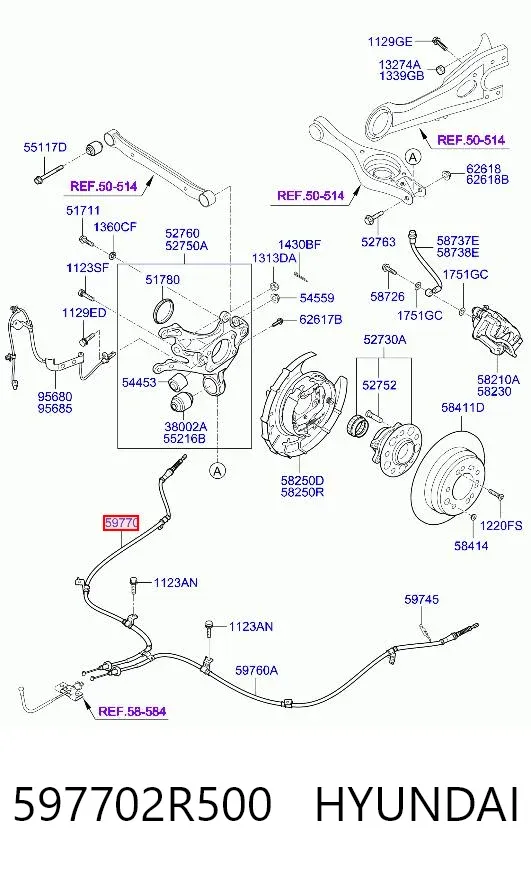 Трос ручного гальма задній, правий 597702R500 Hyundai/Kia