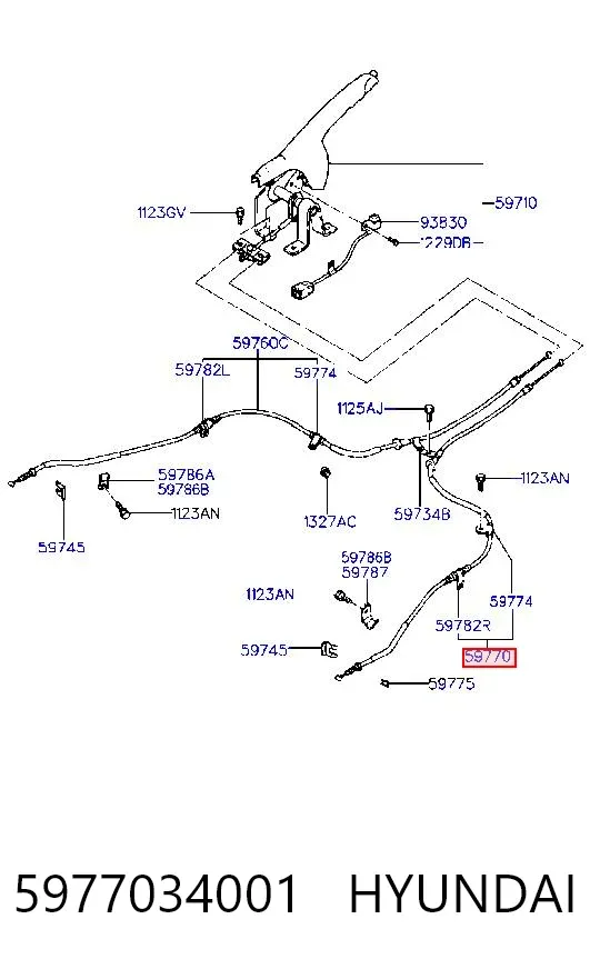 Трос ручного гальма задній, правий 5977034001 Hyundai/Kia