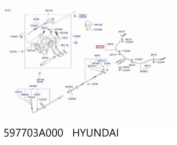 Трос ручного гальма задній, правий 597703A000 Hyundai/Kia