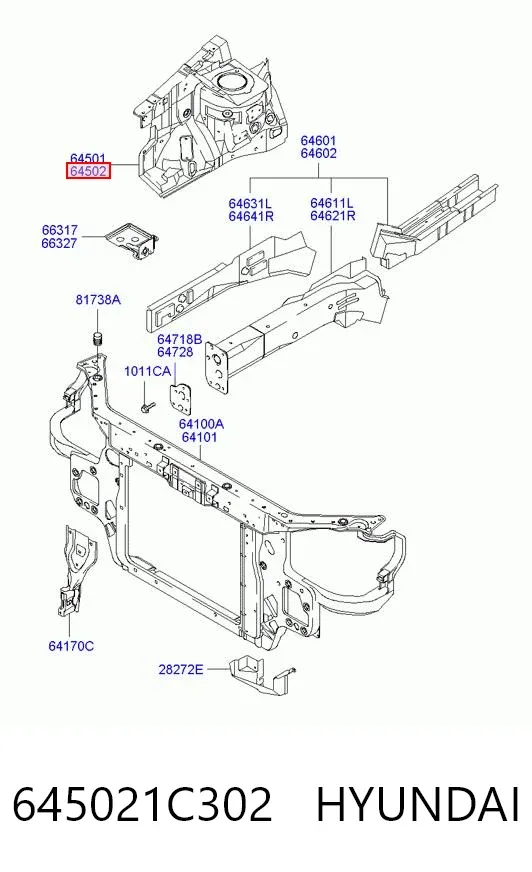 Панель бризковика (лонжерону) моторного відсіку, права 645021C302 Hyundai/Kia