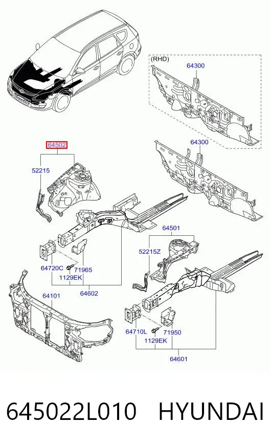 Панель бризковика (лонжерону) моторного відсіку, права 645022L010 Hyundai/Kia