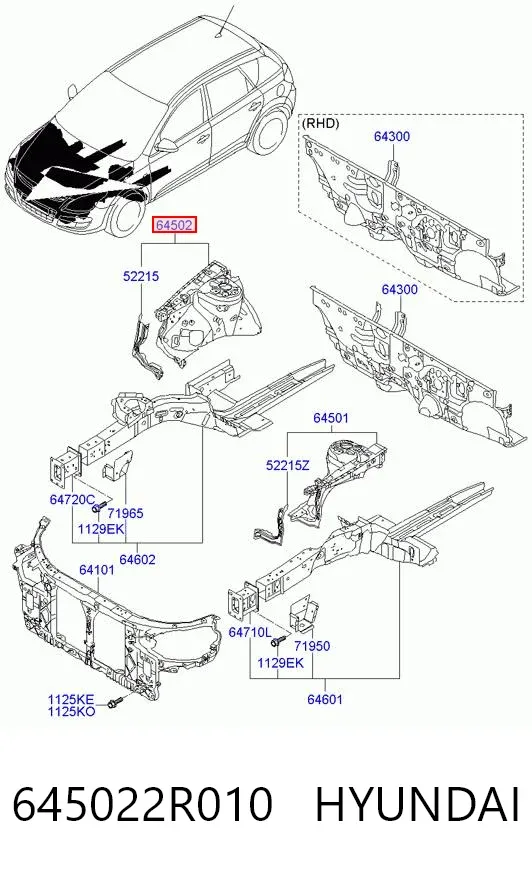 Панель бризковика (лонжерону) моторного відсіку, права 645022R010 Hyundai/Kia