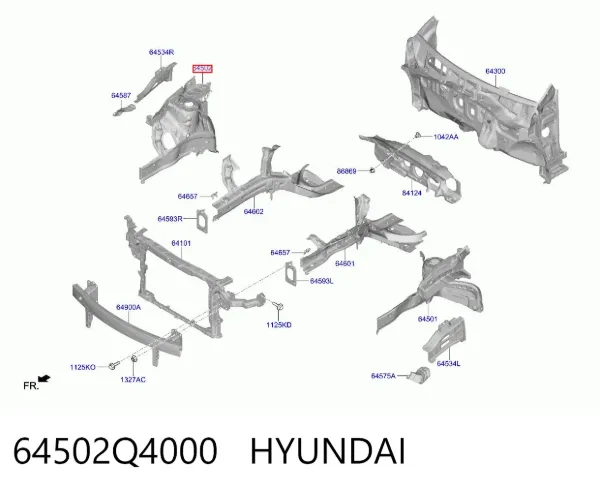 Панель бризковика (лонжерону) моторного відсіку, права 64502Q4000 Hyundai/Kia