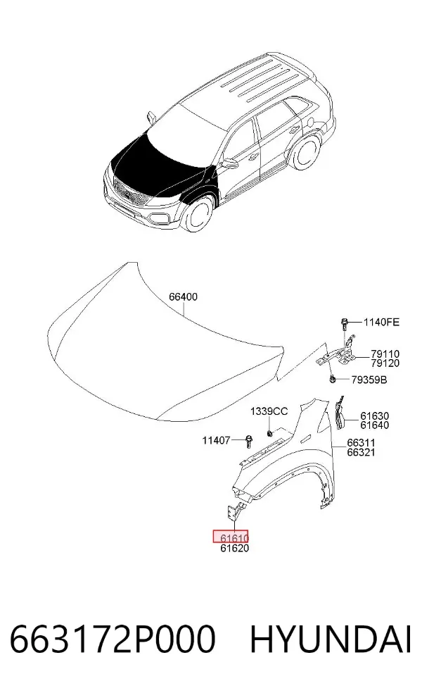 Кронштейн кріплення крила переднього лівого, передній 663172P000 Hyundai/Kia
