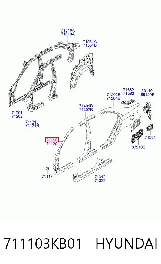 Стійка кузова передня, ліва 711103KB01 Hyundai/Kia