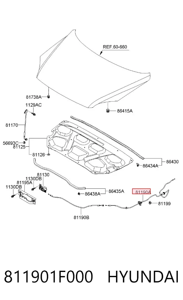 Трос відкриття капота, задній 811901F000 Hyundai/Kia
