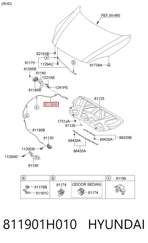 Трос відкриття капота, задній 811901H010 Hyundai/Kia