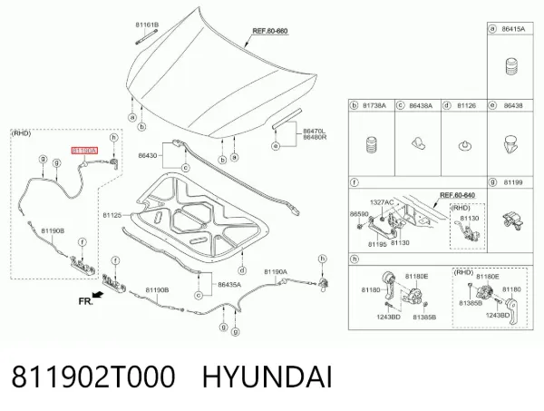 Трос відкриття капота, задній 811902T000 Hyundai/Kia