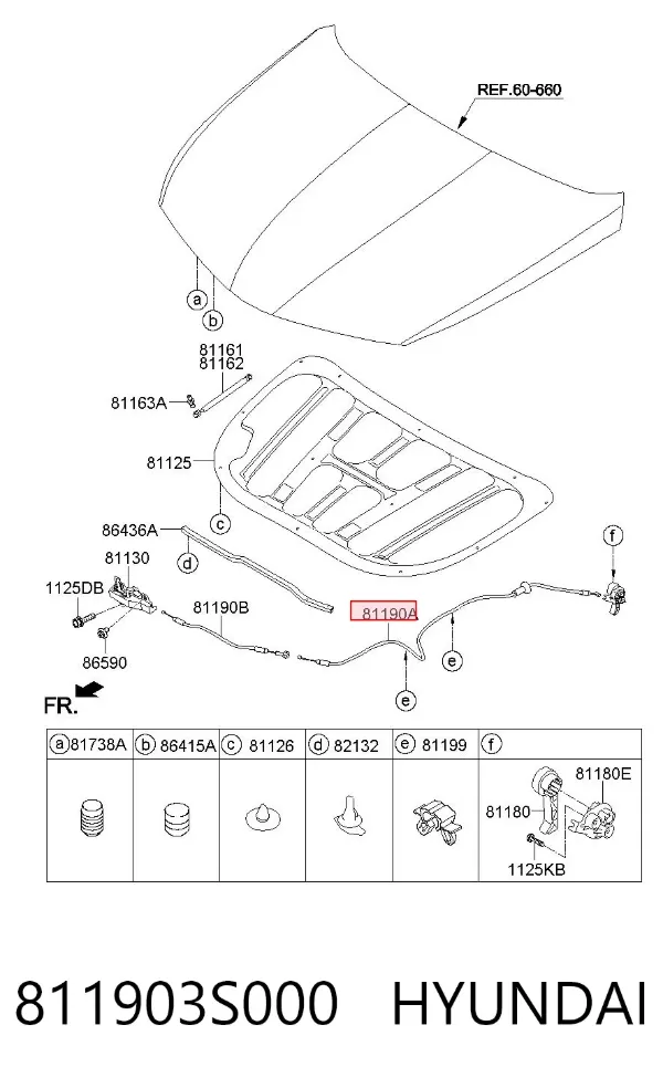 Трос відкриття капота, задній 811903S000 Hyundai/Kia