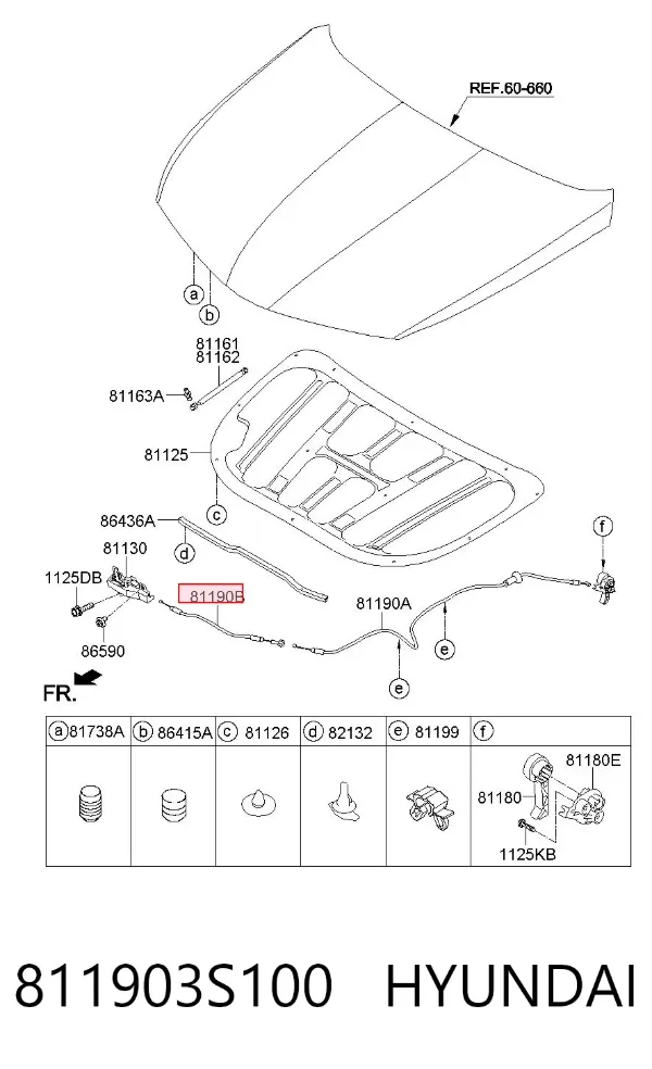 Трос відкриття капота, передній 811903S100 Hyundai/Kia
