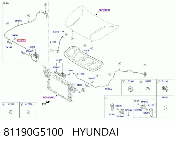 Трос відкриття капота, передній 81190G5100 Hyundai/Kia