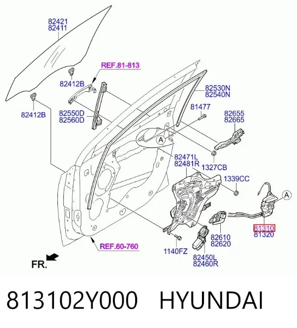 Замок передньої лівої двері 813102Y000 Hyundai/Kia