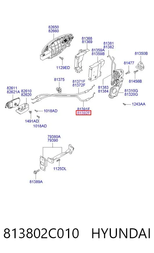 Трос відкривання двері передньої правої 813802C010 Hyundai/Kia
