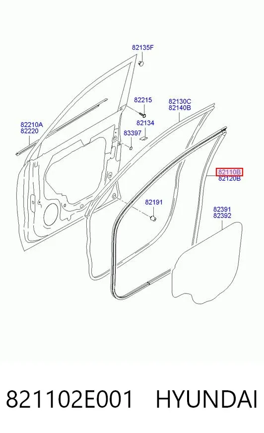 Ущільнювач двері передньої лівої (на кузові) 821102E001 Hyundai/Kia