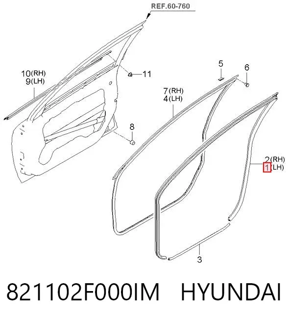 Ущільнювач двері передньої лівої (на кузові) 821102F000IM Hyundai/Kia