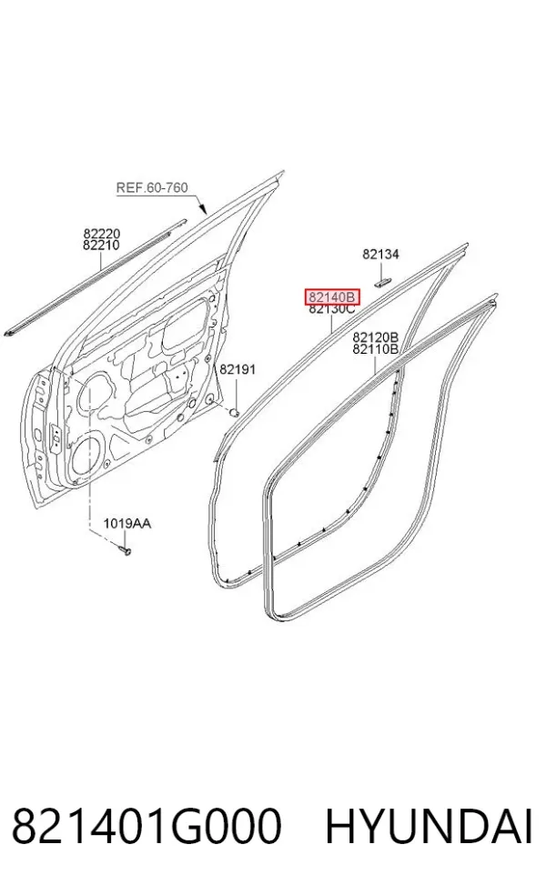 Ущільнювач двері передньо, правої (на двері) 821401G000 Hyundai/Kia