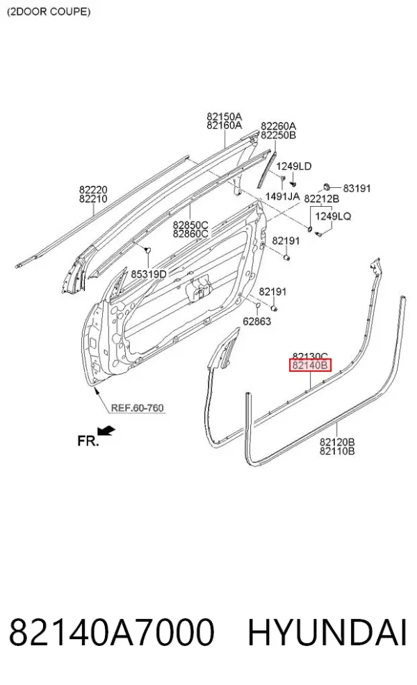 Ущільнювач двері передньо, правої (на двері) 82140A7000 Hyundai/Kia