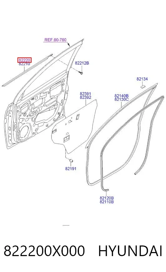 Молдинг опускного скла нижній, двері передньої, правої 822200X000 Hyundai/Kia