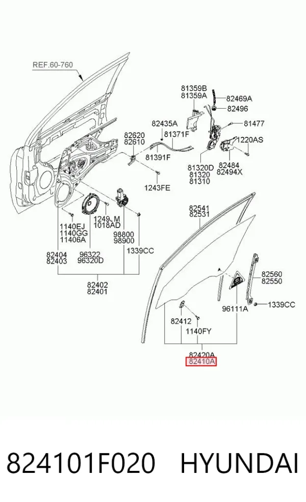 Скло передніх дверей, лівою 824101F020 Hyundai/Kia