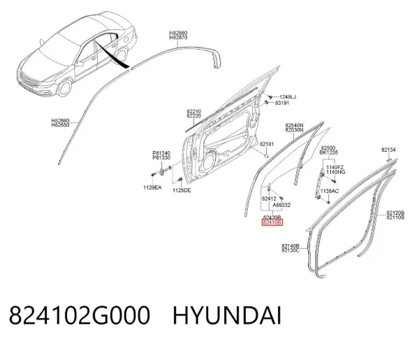 Скло передніх дверей, лівою 824102G000 Hyundai/Kia