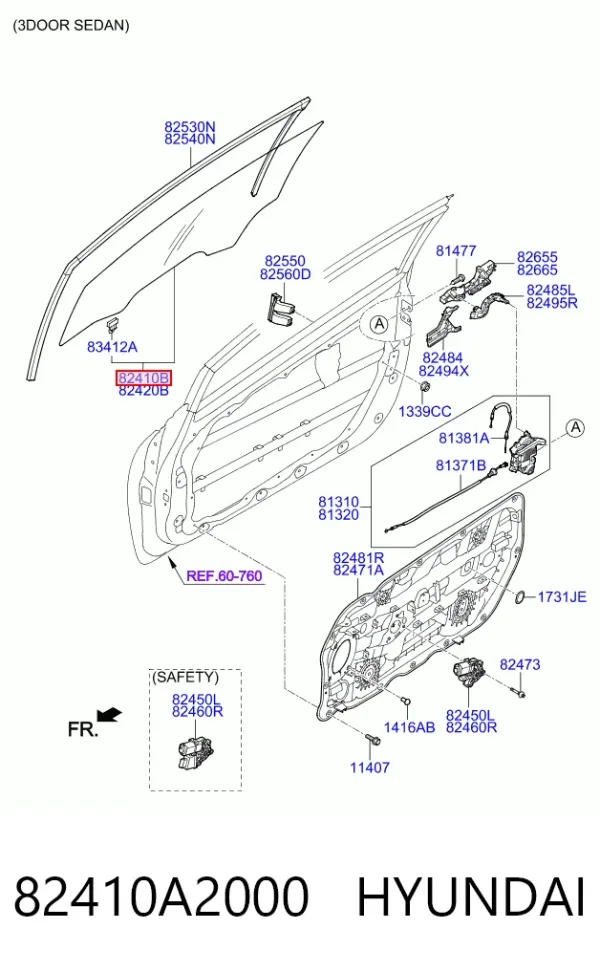 Скло передніх дверей, лівою 82410A2000 Hyundai/Kia