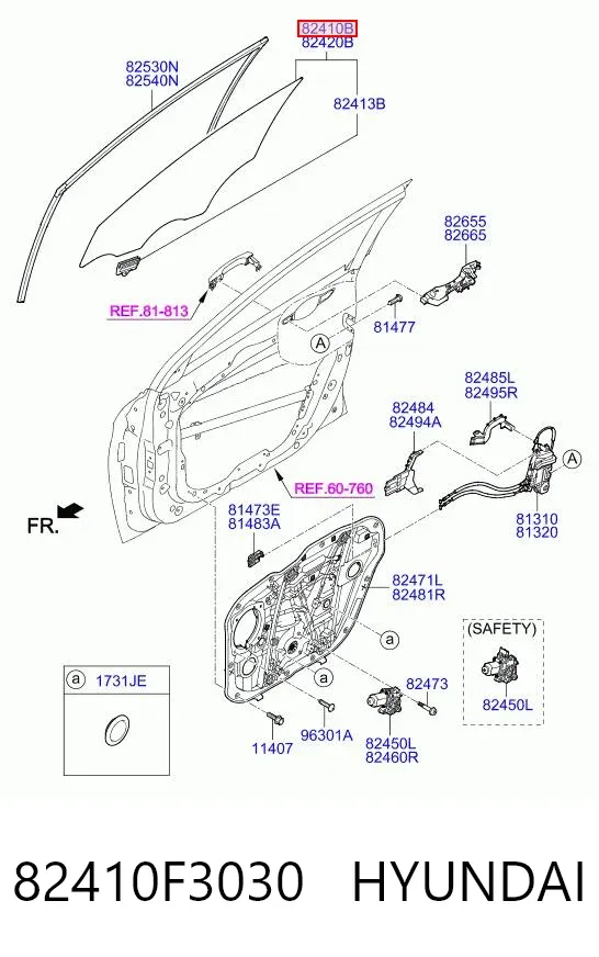 Скло передніх дверей, лівою 82410F3030 Hyundai/Kia
