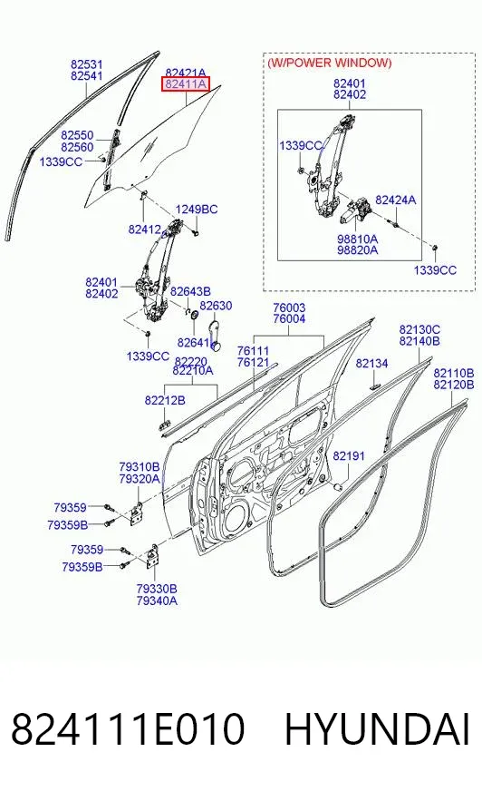 Скло передніх дверей, лівою 824111E010 Hyundai/Kia