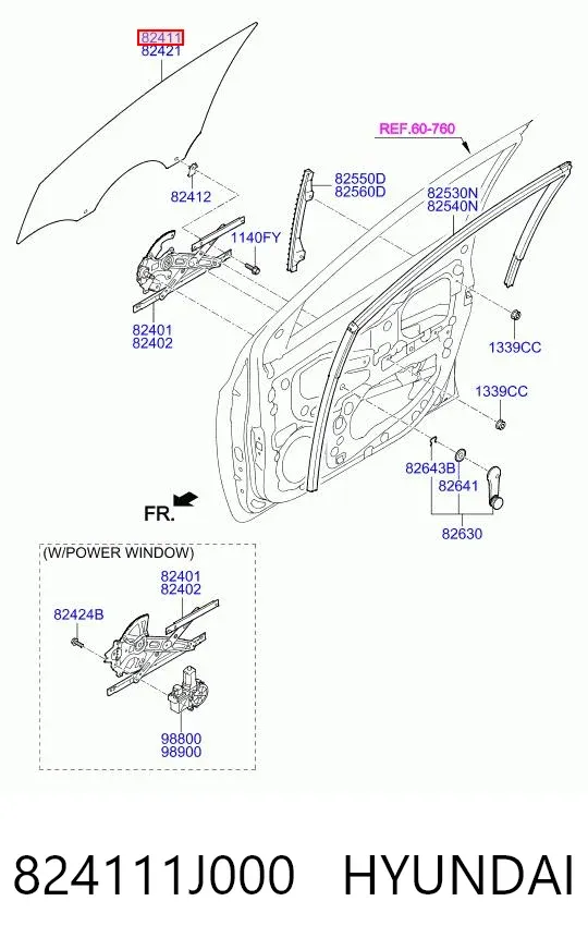 Скло передніх дверей, лівою 824111J000 Hyundai/Kia