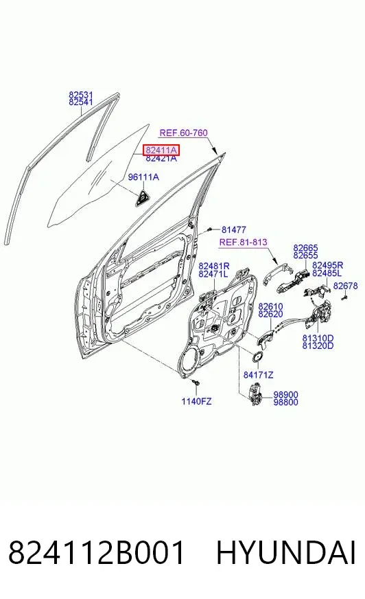 Скло передніх дверей, лівою 824112B001 Hyundai/Kia