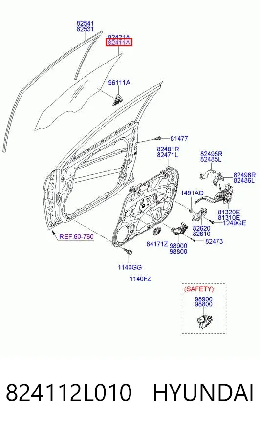 Скло передніх дверей, лівою 824112L010 Hyundai/Kia