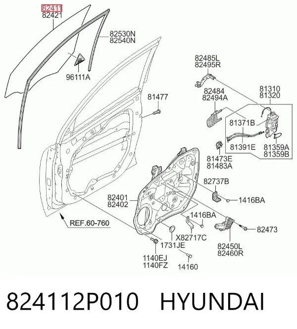 Скло передніх дверей, лівою 824112P010 Hyundai/Kia
