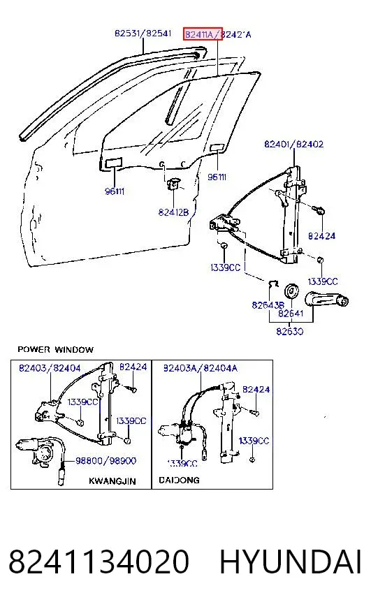 Скло передніх дверей, лівою 8241134020 Hyundai/Kia