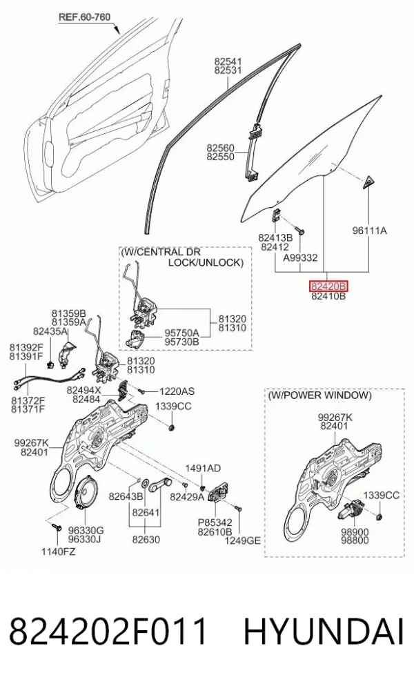 Скло передніх дверей, правою 824202F011 Hyundai/Kia