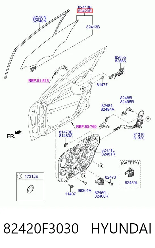 Скло передніх дверей, правою 82420F3030 Hyundai/Kia