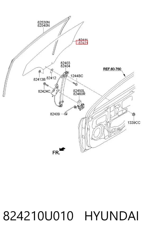 Скло передніх дверей, правою 824210U010 Hyundai/Kia