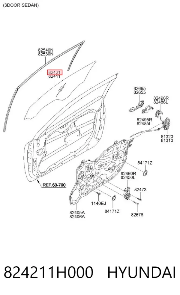 Скло передніх дверей, правою 824211H000 Hyundai/Kia