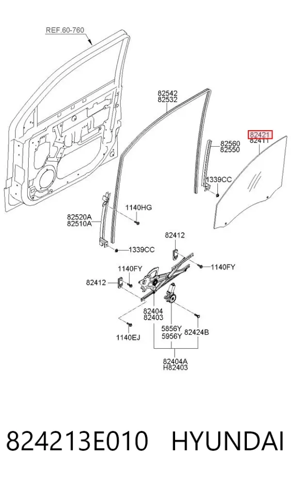 Скло передніх дверей, правою 824213E010 Hyundai/Kia